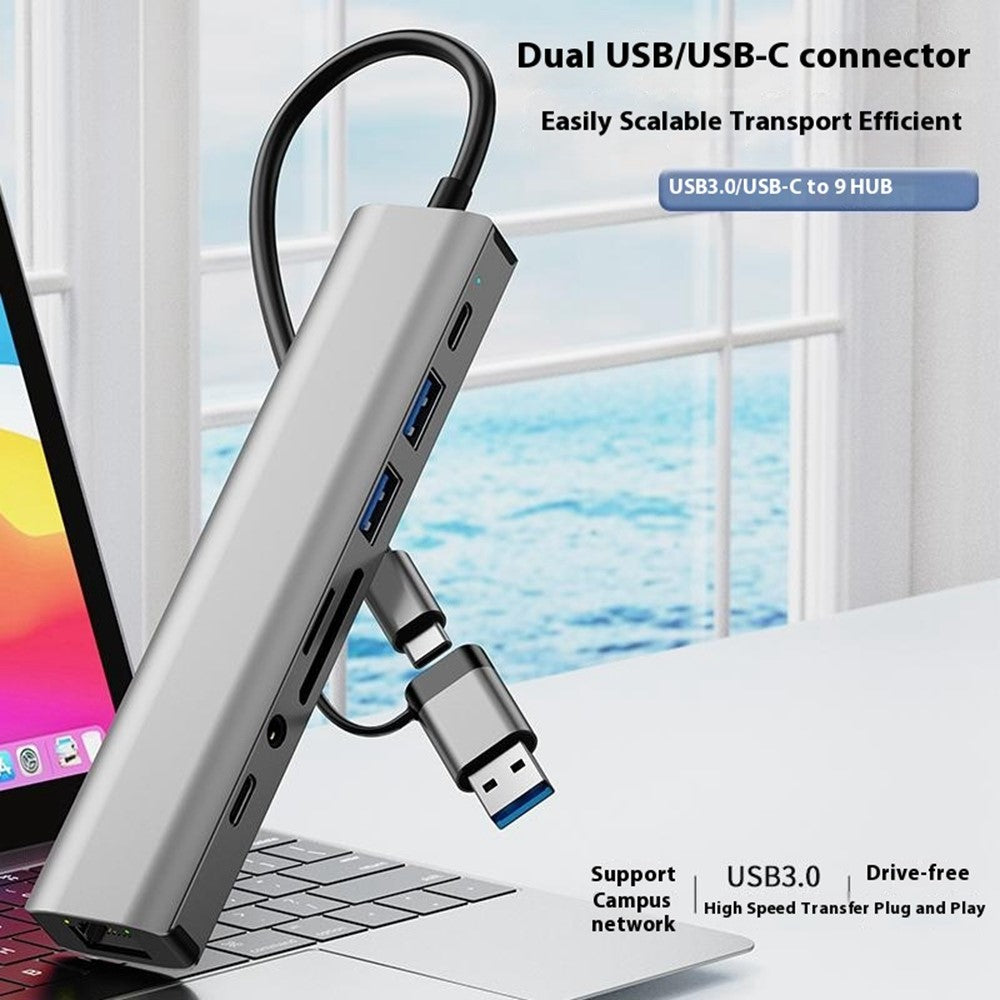 2509 USB-C / USB Hub 9 in 1 Docking Station RJ45 USB3.0 USB2.0 USB-C2.0 3.5mm DC5V SD / TF Card Reader Adapter