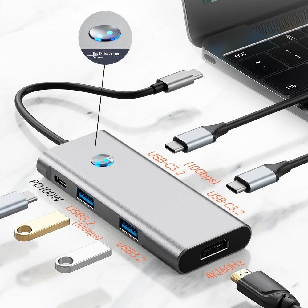 2426 USB Hub Type-C to 2 x USB3.2 + HD + PD 100W + 2 x USB-C3.2 One-Key Screen Off 6 in 1 Expansion Dock