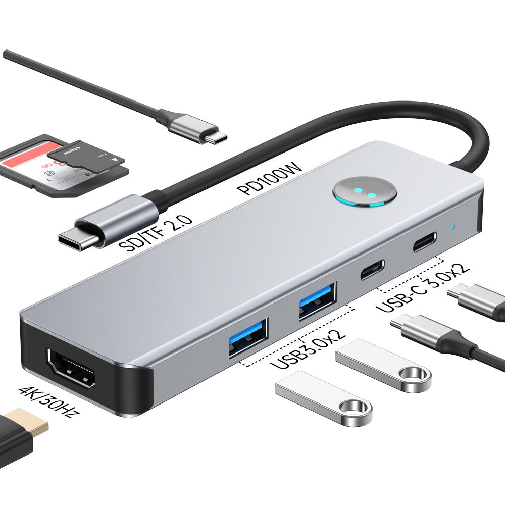 2419 Type-C Hub 8 in 1 Docking Station 4K HD SD / TF USB3.0 PD 100W Laptops Adapter with One-Key Screen Off Function
