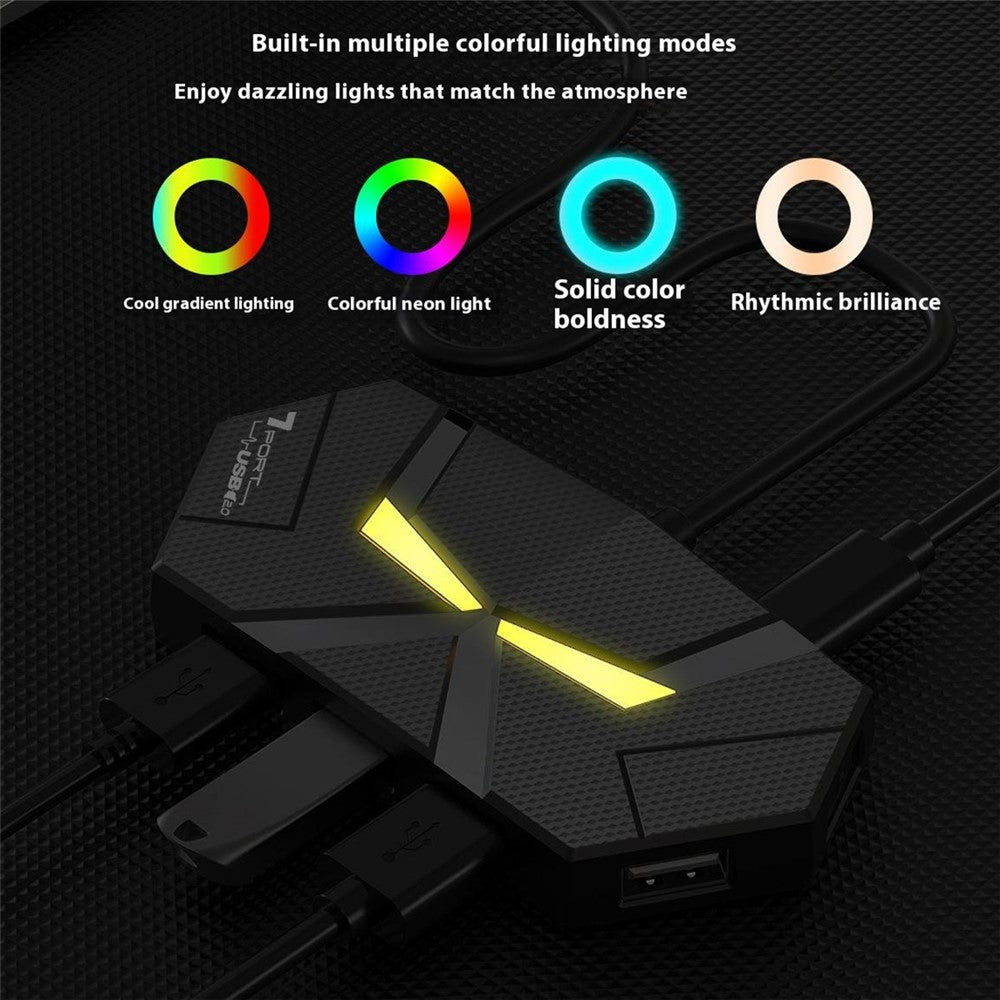 1.2m USB 2.0 Hub 7 Ports Adapter Multi-Port Extender with Power Delivery / RGB Light for PC Laptop