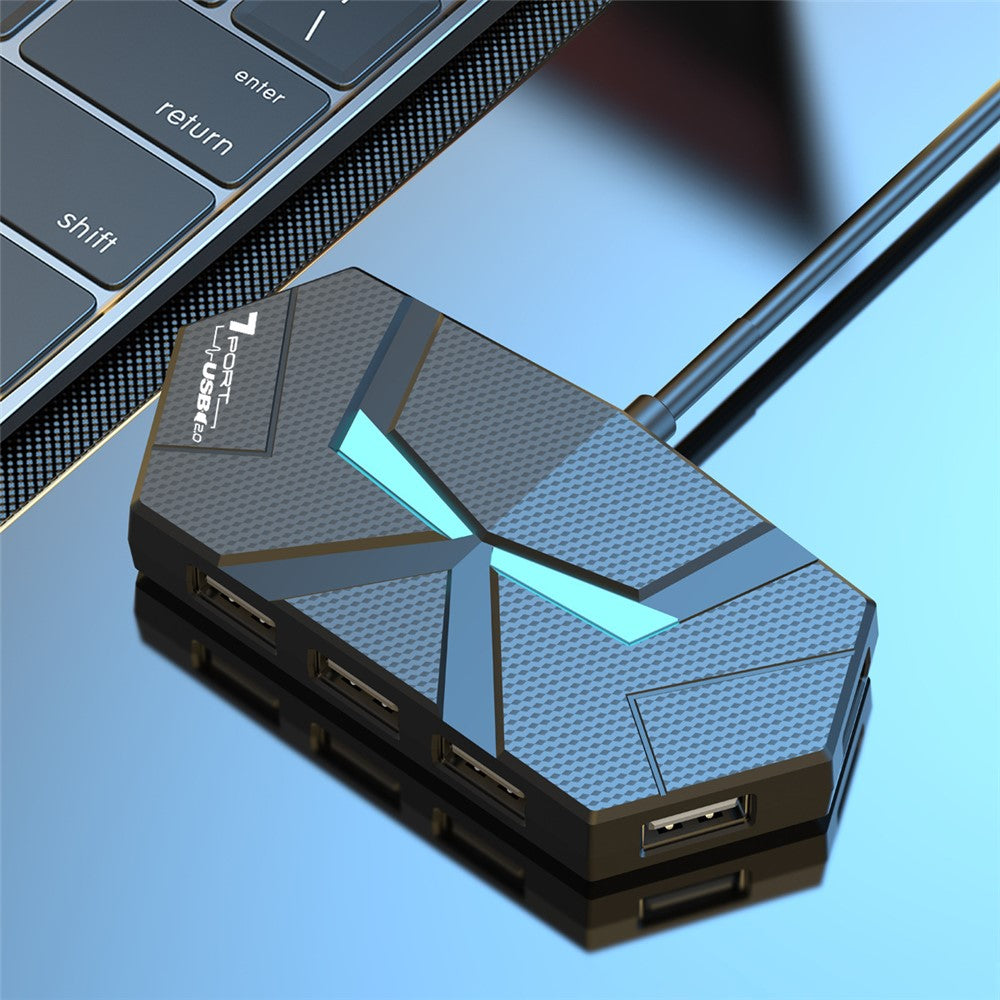 1.2m USB 2.0 Hub 7 Ports Adapter Multi-Port Extender with Power Delivery / RGB Light for PC Laptop