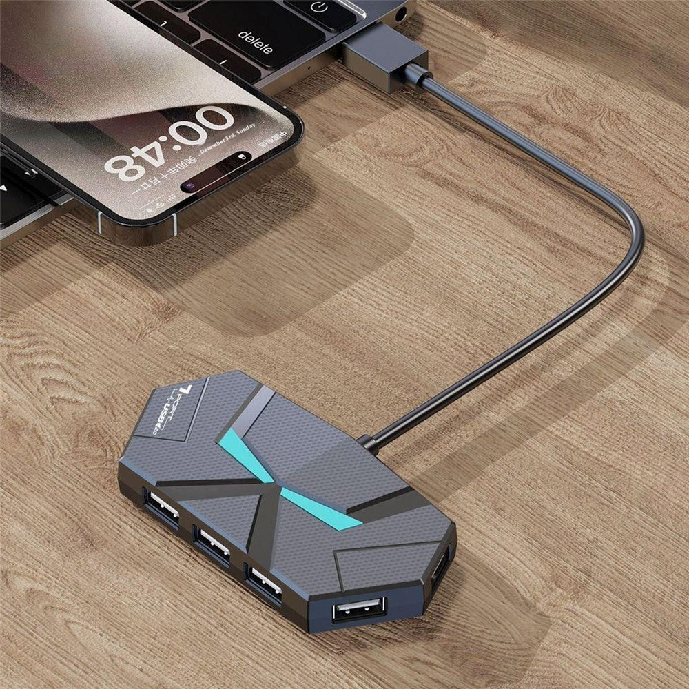 1.2m USB 2.0 Hub 7 Ports Adapter Multi-Port Extender with Power Delivery / RGB Light for PC Laptop