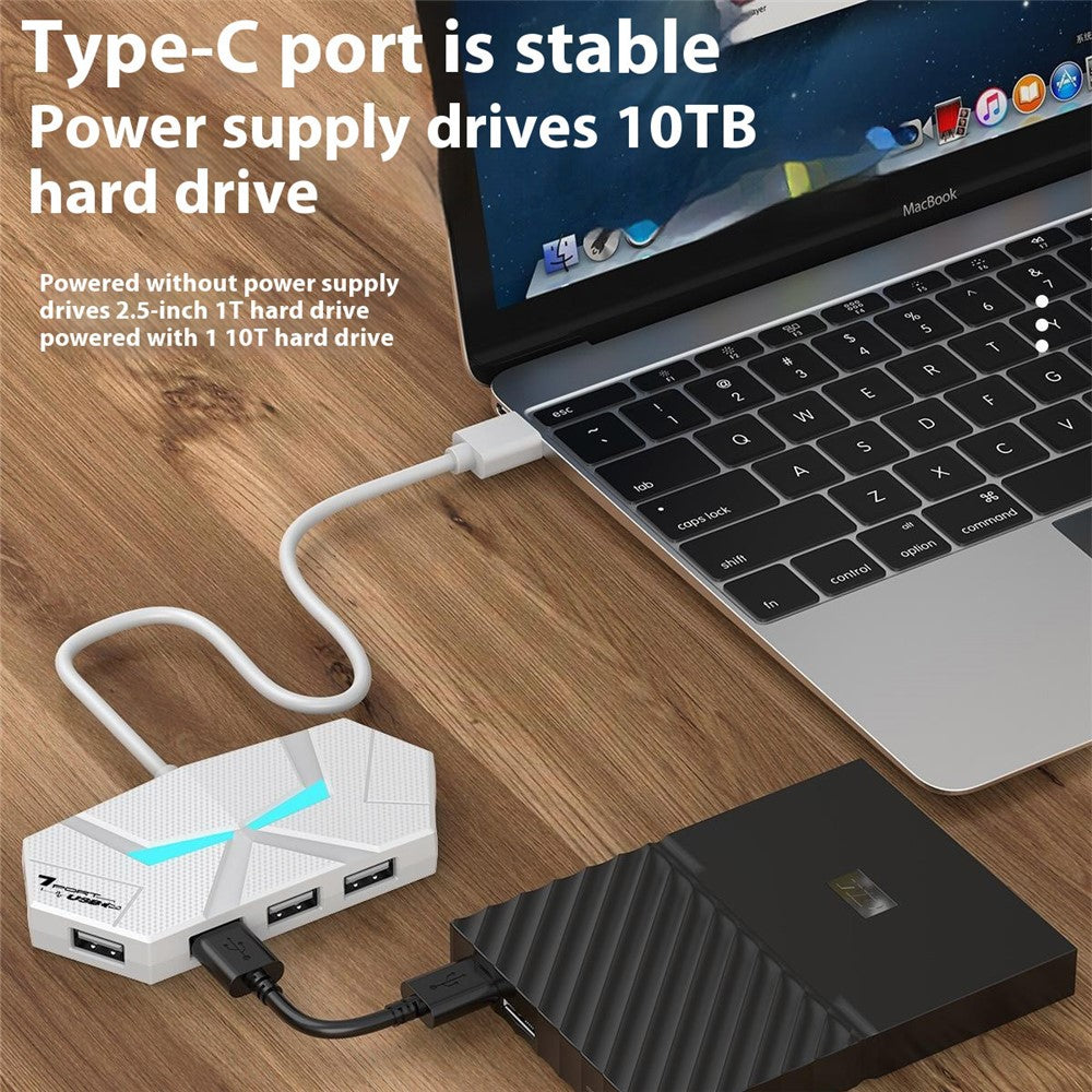 1.2m USB 2.0 Hub 7 Ports Adapter Multi-Port Extender with Power Delivery / RGB Light for PC Laptop