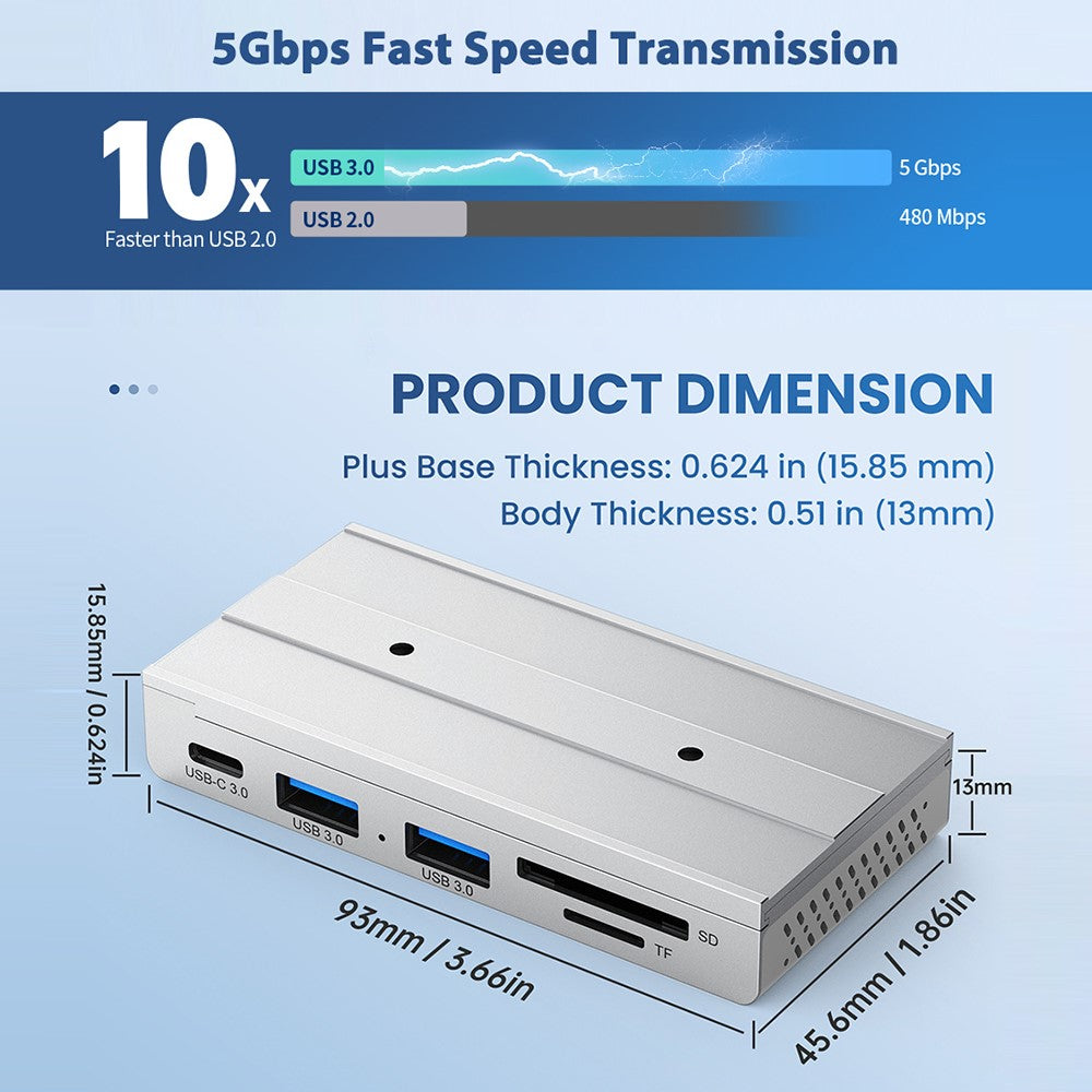 HST-2A1CTS USB Hub Magnetic Rail Expansion Dock 2 x USB3.0 + Type-C + SD TF Card Reader