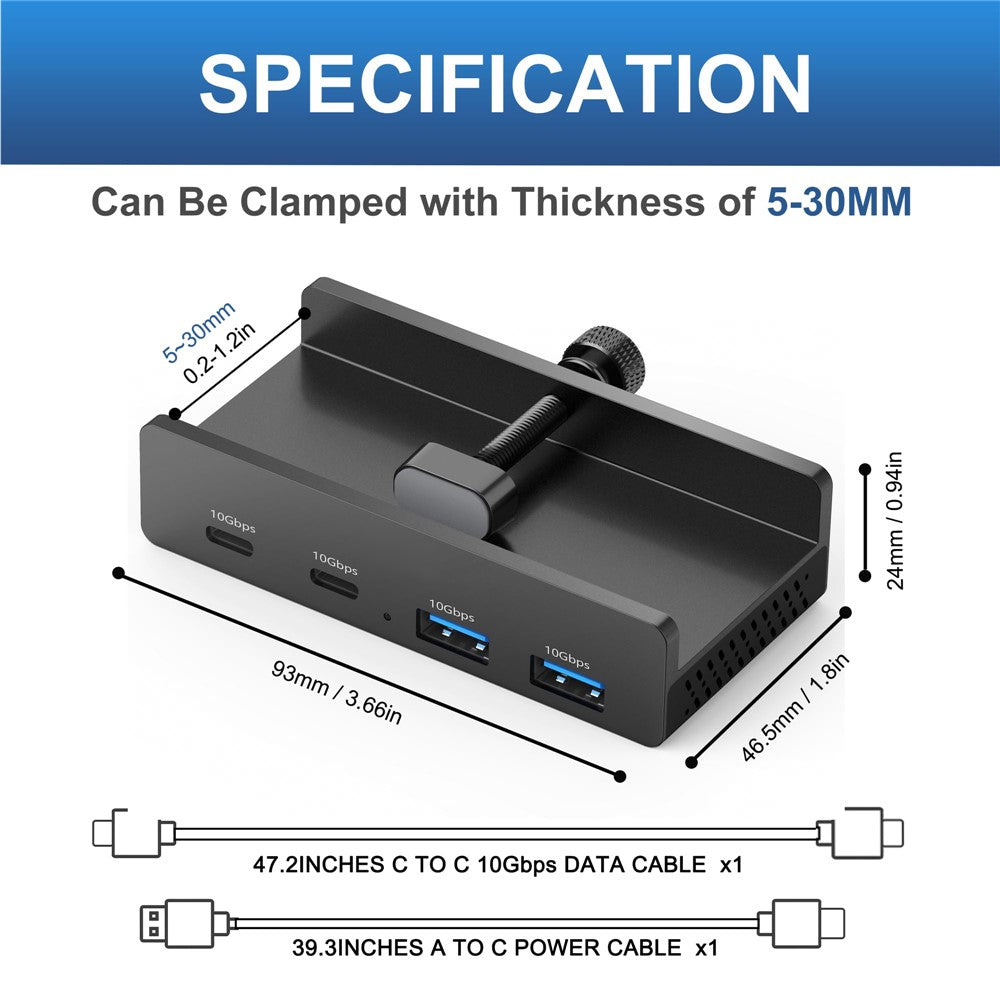 YW-HCL-2A2C-Pro 4 Ports USB Hub 2 USB 3.1 + 2 Type C 3.1 10Gbps High Speed Data Transfer Clip On External Dock Station