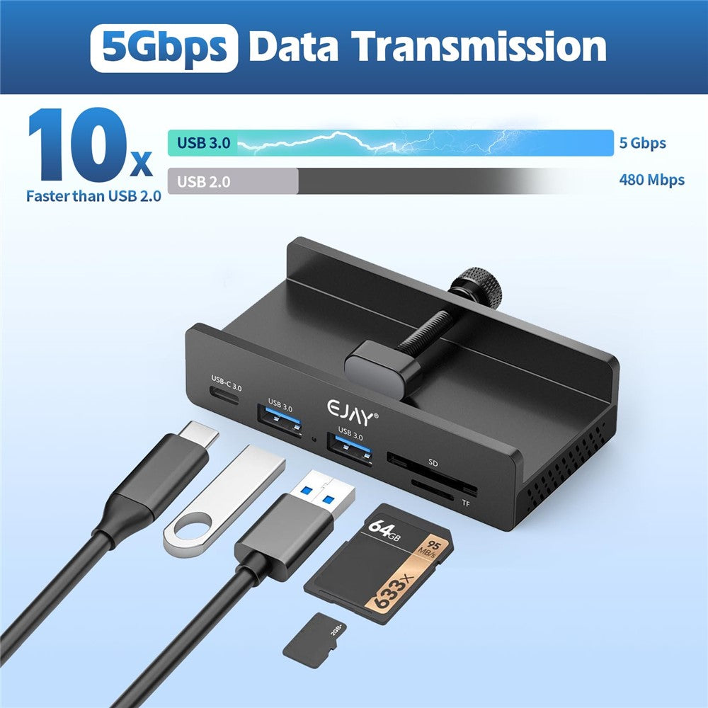 YW-HCL-2A1CTS-Pro 5Gbps Data Transfer 5 Ports Hub Type C 3.0 + 2 USB 3.0 + SD / TF Card Reader Clip On External Dock Station