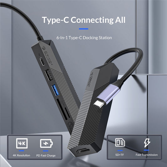 ORICO MDK-6P GY-BP USB C Hub Type C Adapter with 1xUSB 3.0 Port + 1xUSB 2.0 Port + 1xHDMI Port + 1xPD Charging Port + 2xCard Reader Slots