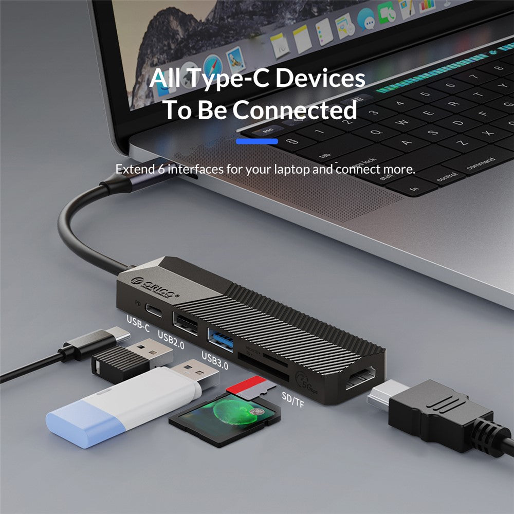 ORICO MDK-6P GY-BP USB C Hub Type C Adapter with 1xUSB 3.0 Port + 1xUSB 2.0 Port + 1xHDMI Port + 1xPD Charging Port + 2xCard Reader Slots