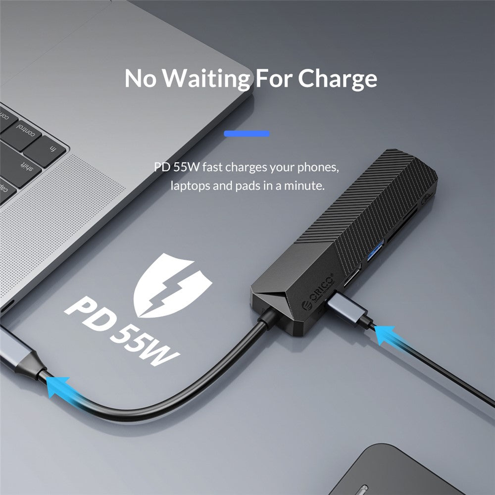 ORICO MDK-6P GY-BP USB C Hub Type C Adapter with 1xUSB 3.0 Port + 1xUSB 2.0 Port + 1xHDMI Port + 1xPD Charging Port + 2xCard Reader Slots