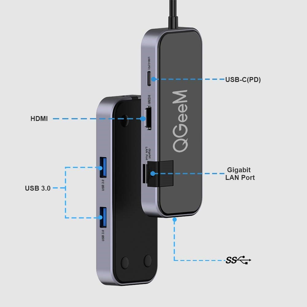 QGEEM UH06-1 USB C Hub with 2xUSB 3.0 Ports + Resolution HD Video Port + Gigabit Ethernet Port + PD Charging Port + SuperSpeed Type C Port
