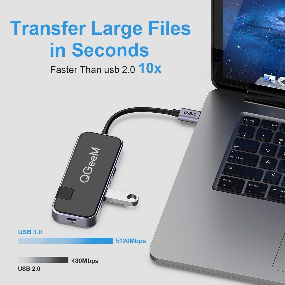QGEEM UH06-1 USB C Hub with 2xUSB 3.0 Ports + Resolution HD Video Port + Gigabit Ethernet Port + PD Charging Port + SuperSpeed Type C Port