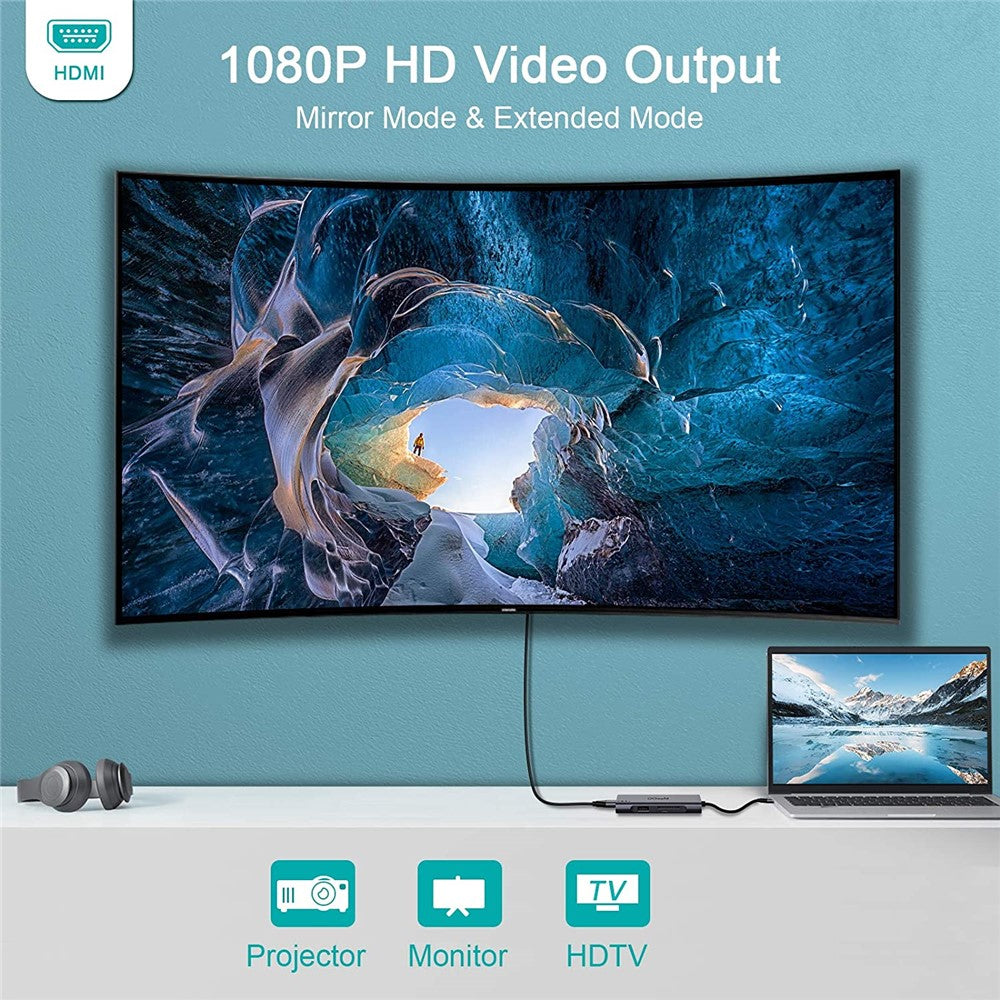 QGEEM QG-UH07-A 7-in-1 USB A Docking Station Multi-Port USB 3.0 Hub Supports HD/SD/TF Compatible with Chromebook Thunderbolt 3