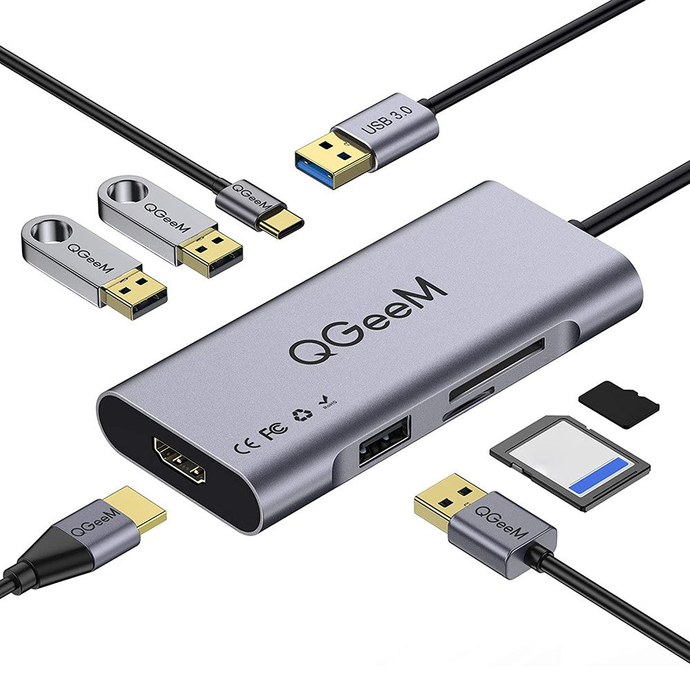 QGEEM QG-UH07-A 7-in-1 USB A Docking Station Multi-Port USB 3.0 Hub Supports HD/SD/TF Compatible with Chromebook Thunderbolt 3