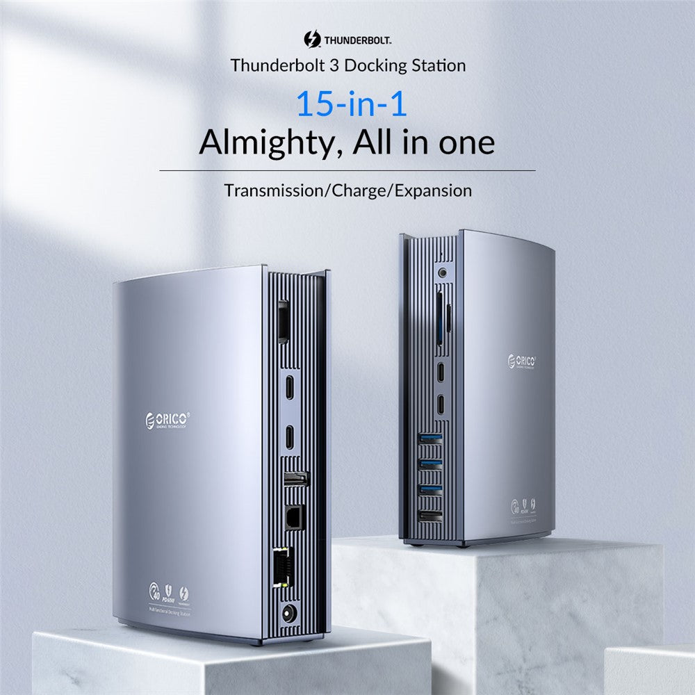 ORICO TB3-S3-GY-BP USB C Hub Adapter to 3.5mm AUX Port Memory Card Reader Slots 10Gbps Type C Port 15W 60W PD Port USB 3.1 USB 2.0 DC Charge RJ45 4K Video Output