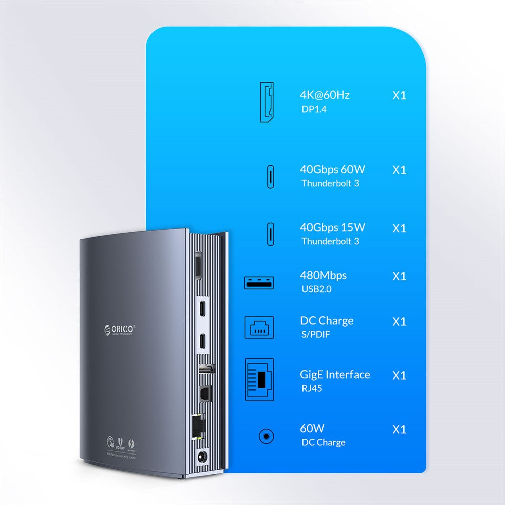 ORICO TB3-S3-GY-BP USB C Hub Adapter to 3.5mm AUX Port Memory Card Reader Slots 10Gbps Type C Port 15W 60W PD Port USB 3.1 USB 2.0 DC Charge RJ45 4K Video Output