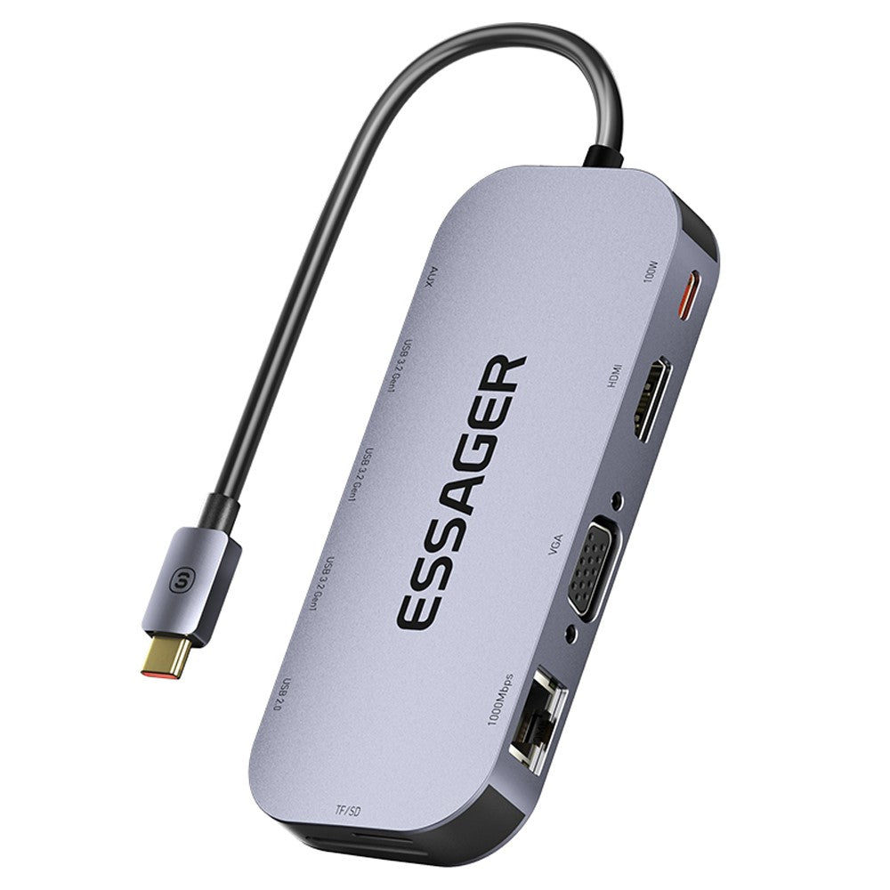 ESSAGER 11-in-1 Multi-Port USB Hub 4K HD PD 100W Fast Charging Docking Station Support TF / SD Card Reader
