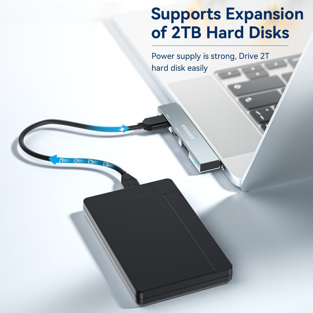 ESSAGER 3-in-1 USB Hub Splitter 1 USB3.0 + 2 USB2.0 Ports Aluminum Alloy Adapter for Type-C Tablet Laptop