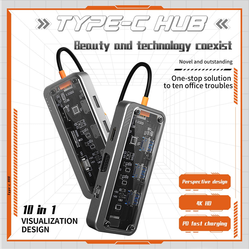 SW10V-Pro 10-in-1 Docking Station Dongle Type-C to PD+HD+USB3.0x3+SD+TFRJ45+VGA+3.5mm Audio Hub