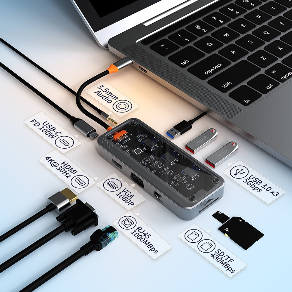 SW10V-Pro 10-in-1 Docking Station Dongle Type-C to PD+HD+USB3.0x3+SD+TFRJ45+VGA+3.5mm Audio Hub
