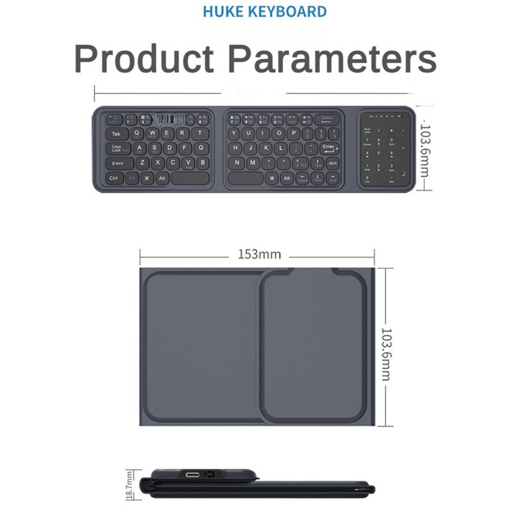 BK19 Mini Bluetooth-Compatible Keyboard Ultra Thin Portable Wireless Tri-Fold Keypad with Touchpad
