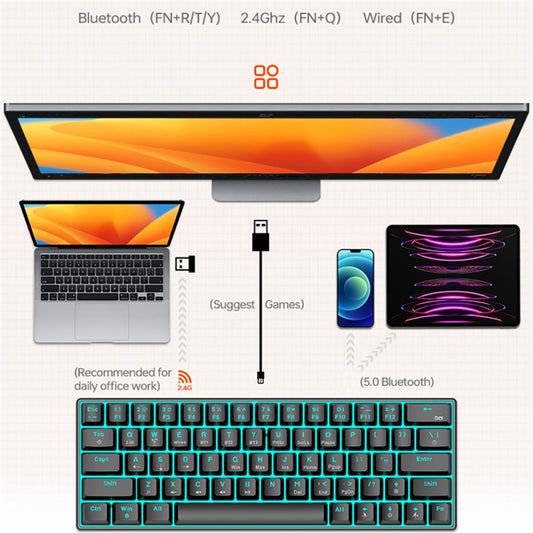 T-WOLF T30 Mechanical Keyboard Wired + Wireless + Bluetooth-compatible 3-Mode RGB Gaming Keyboard 63 Keys