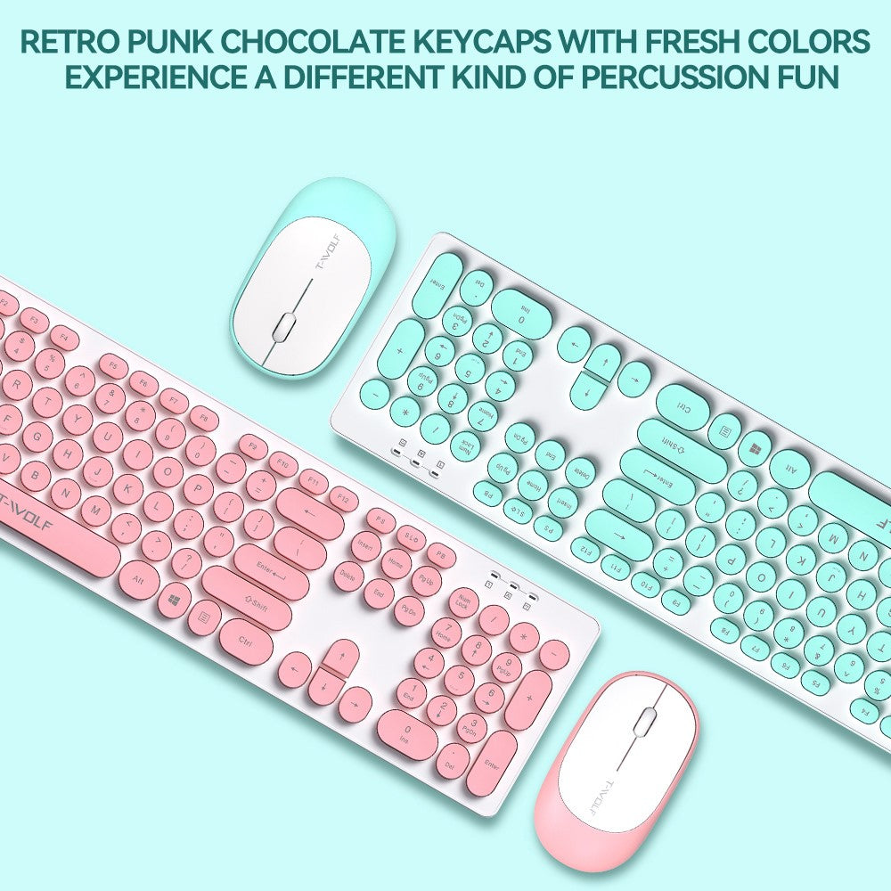 T-WOLF TF770 Wireless Keyboard and Mouse Combo 104 Key Low-Noise Keyboard with Cute Keycaps