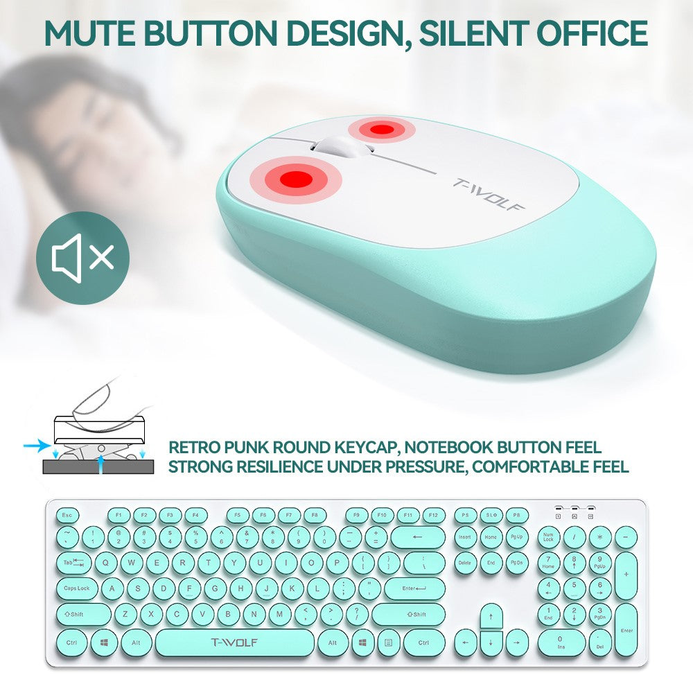 T-WOLF TF770 Wireless Keyboard and Mouse Combo 104 Key Low-Noise Keyboard with Cute Keycaps