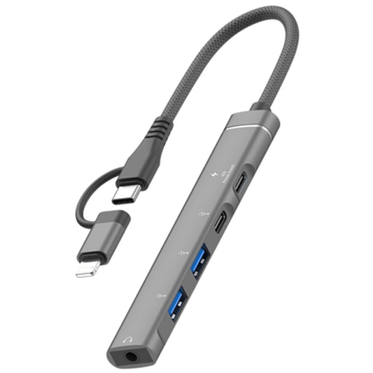Type-C / 8-Pin 5-in-1 USB Hub Type-C Charging + Type-C Data + 2xUSB + 3.5mm Headphone Jack Adapter