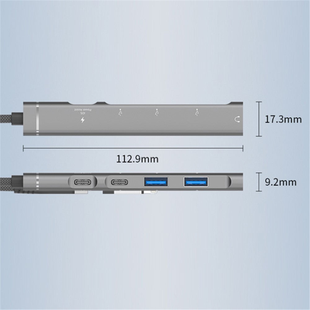 Type-C / 8-Pin 5-in-1 USB Hub Type-C Charging + Type-C Data + 2xUSB + 3.5mm Headphone Jack Adapter