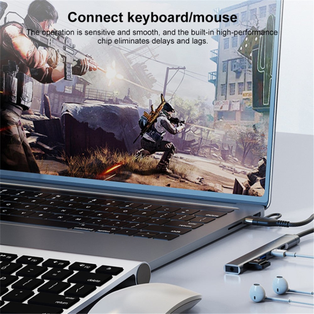 Type-C / 8-Pin 5-in-1 USB Hub Type-C Charging + Type-C Data + 2xUSB + 3.5mm Headphone Jack Adapter