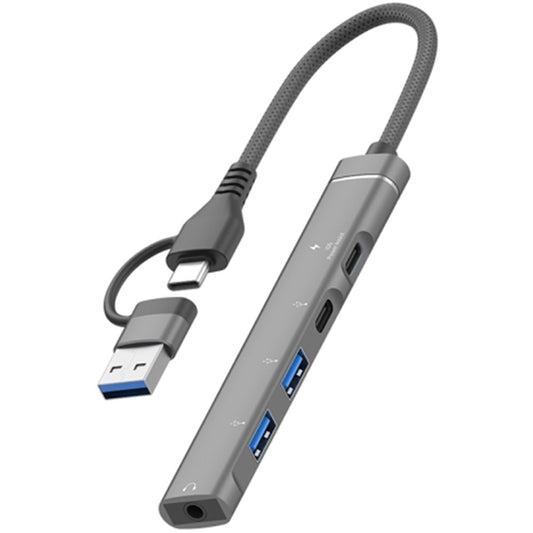 Type-C / USB-A 5-in-1 USB Hub Type-C Charging + Type-C Data + 2xUSB + 3.5mm Headset Jack Adapter