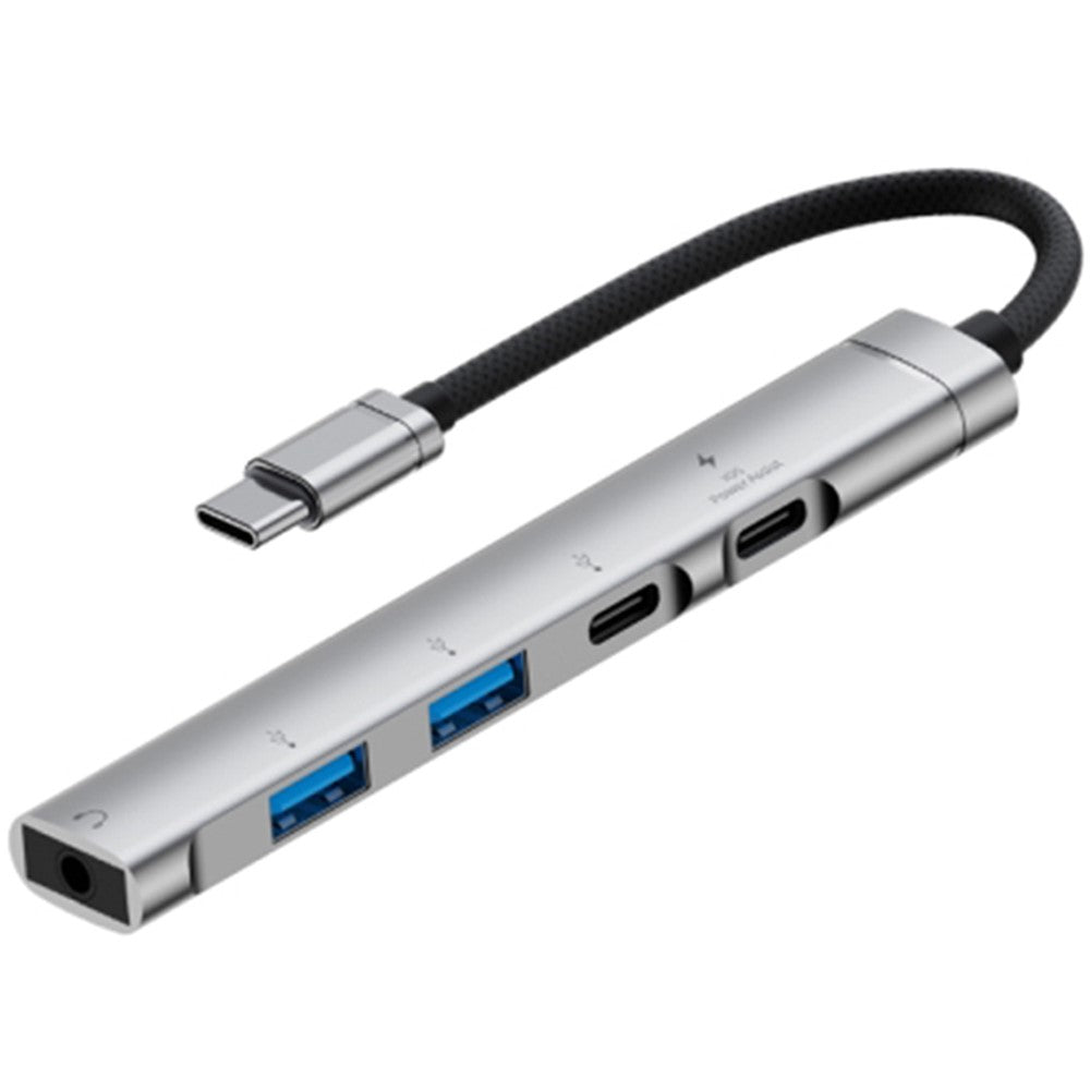 5-in-1 USB Hub Type-C to Type-C Charging + Type-C Data + 2 x USB2.0 + 3.5mm Headphone Jack Adapter
