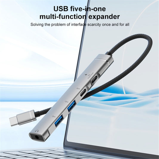 5-in-1 USB Hub Type-C to Type-C Charging + Type-C Data + 2 X USB2.0 + 3.5mm Headphone Jack Adapter