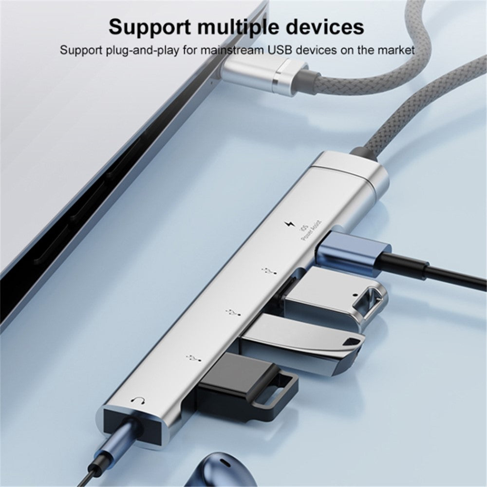 5-in-1 USB Hub Type-C to Type-C Charging + Type-C Data + 2 x USB2.0 + 3.5mm Headphone Jack Adapter