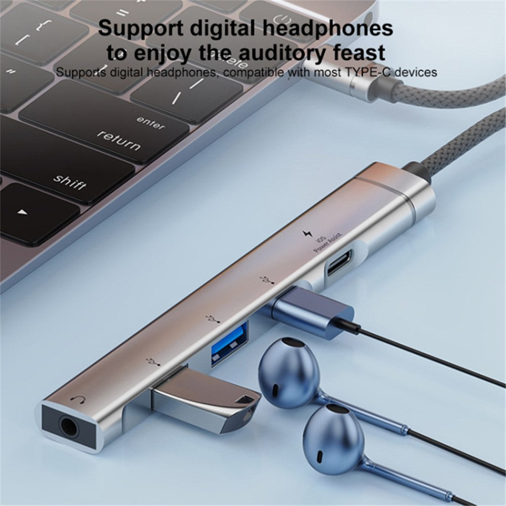 5-in-1 USB Hub Type-C to Type-C Charging + Type-C Data + 2 x USB2.0 + 3.5mm Headphone Jack Adapter