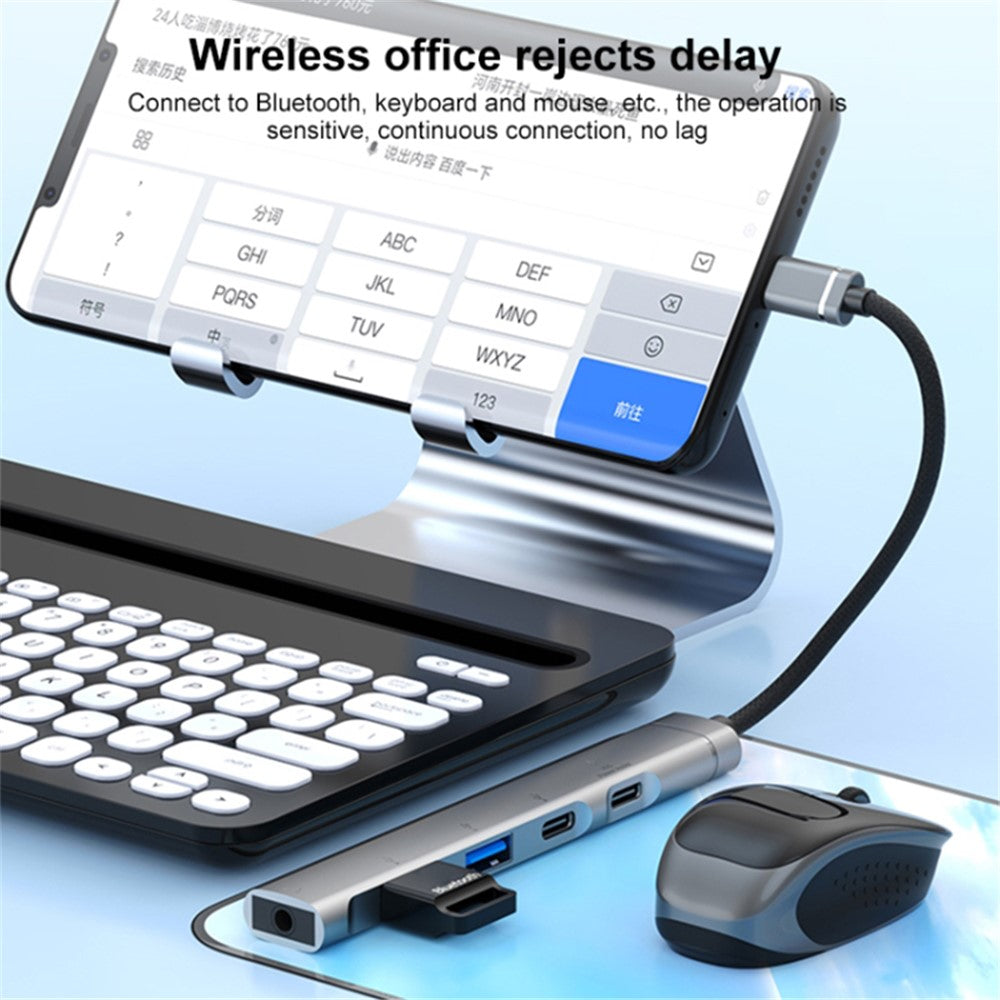 5-in-1 USB Hub Type-C to Type-C Charging + Type-C Data + 2 x USB2.0 + 3.5mm Headphone Jack Adapter