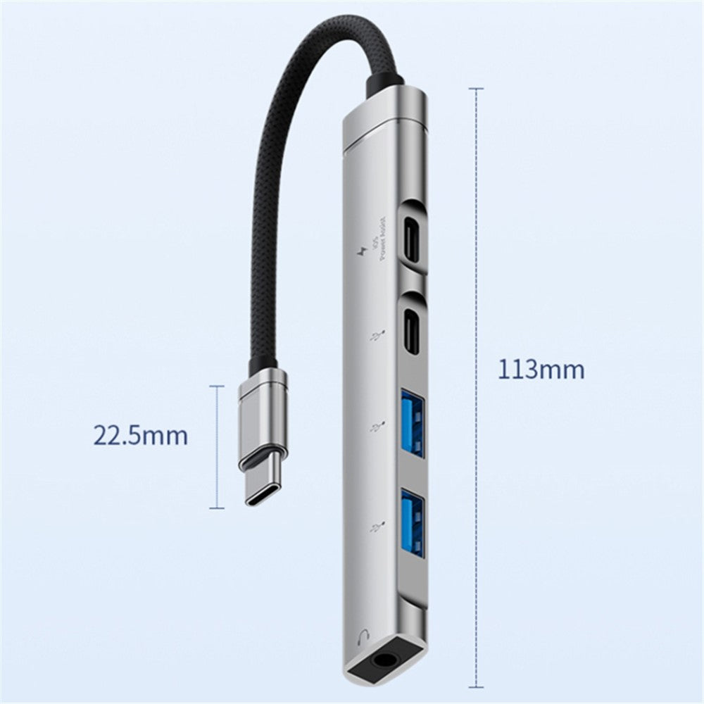 5-in-1 USB Hub Type-C to Type-C Charging + Type-C Data + 2 x USB2.0 + 3.5mm Headphone Jack Adapter