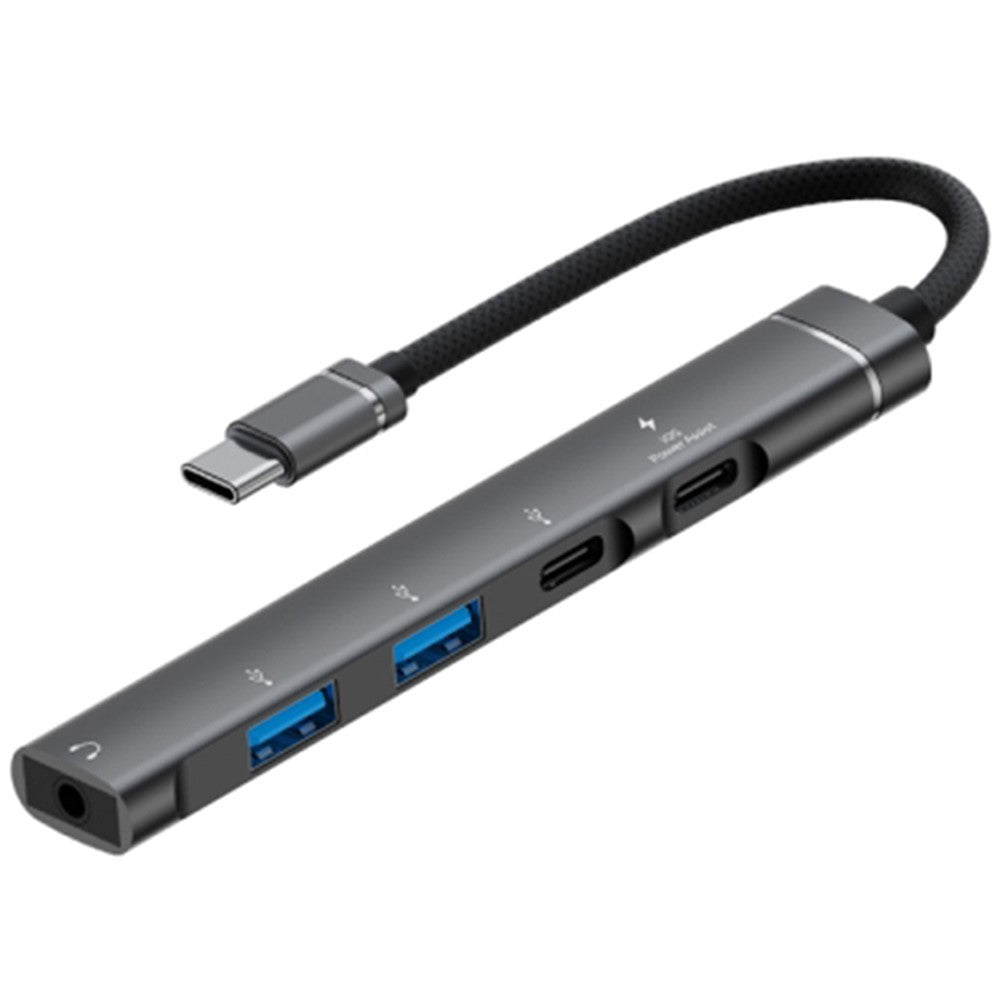 5-in-1 USB Hub Type-C to Type-C Charging + Type-C Data + 2 x USB2.0 + 3.5mm Headphone Jack Adapter