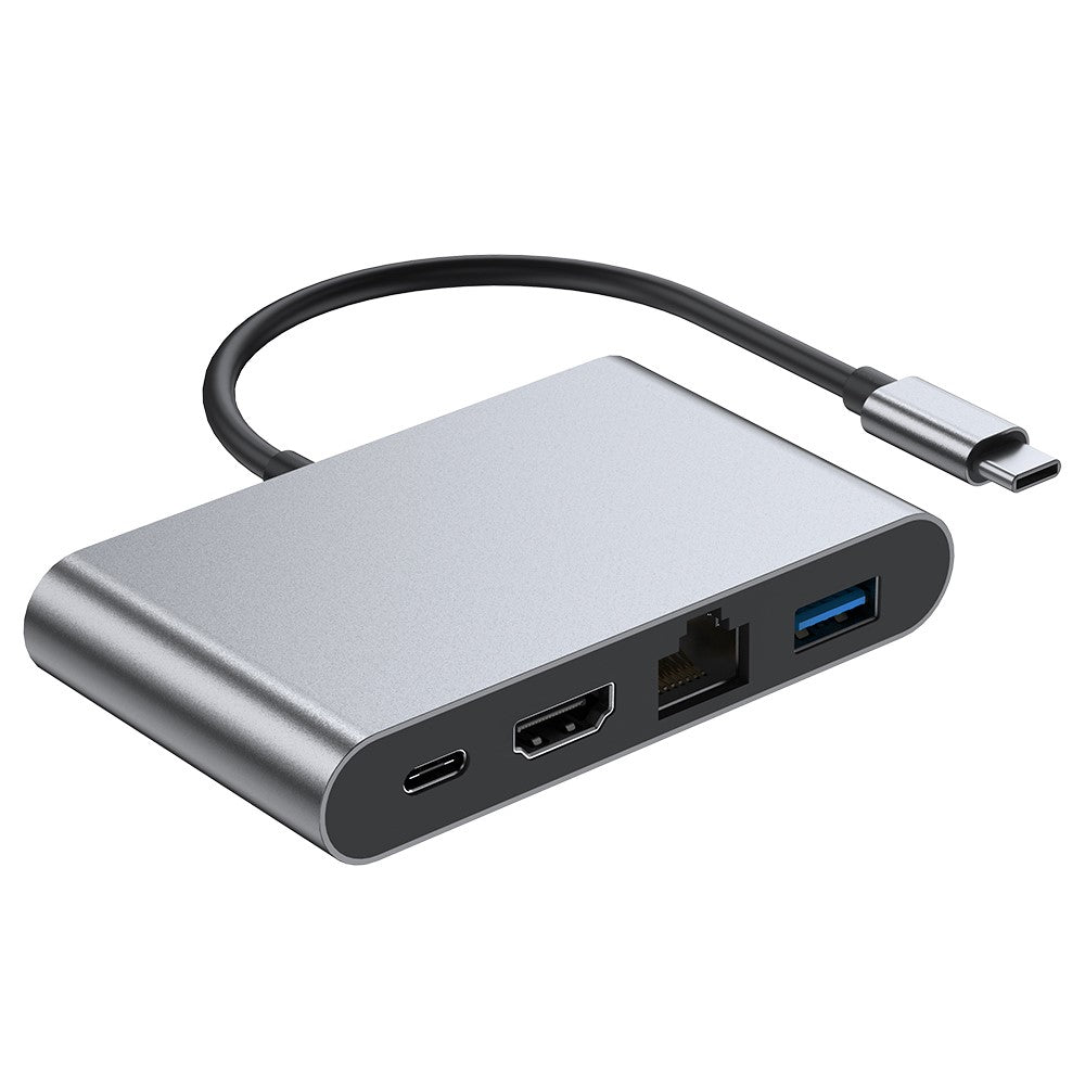 2322 Aluminum Shell Type-C Hub with RJ45 + 4K / 30HZ HD + USB 3.0 + PD 100W Charging Port