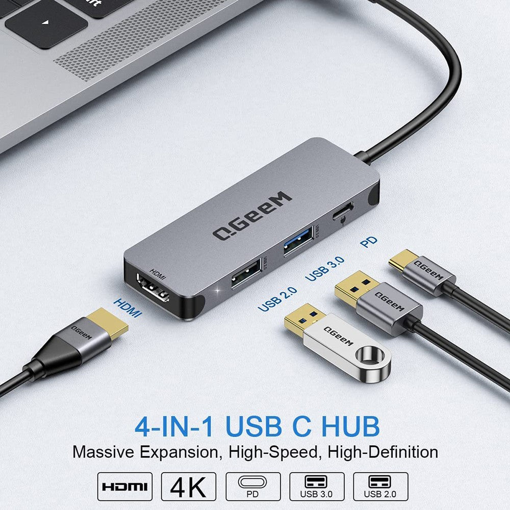 QGEEM UH04-1 4 In 1 Type C Hub USB 3.0 Docking Station with 4K HD PD 100W Charging Port