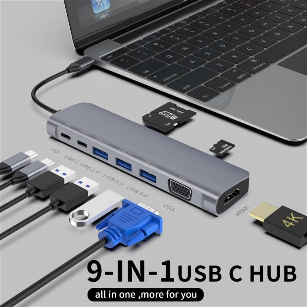 YSTC9048 9 in 1 Multi-port USB C Hub Portable High-speed Data Sync Converter USB C to USB3.0 TF SD Adapter Support HDMI  VGA