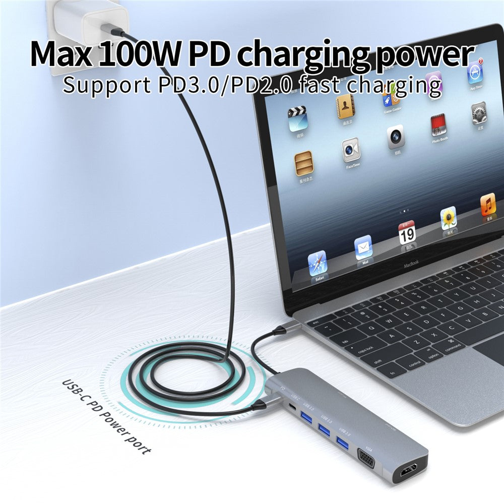 YSTC9048 9 in 1 Multi-port USB C Hub Portable High-speed Data Sync Converter USB C to USB3.0 TF SD Adapter Support HDMI  VGA