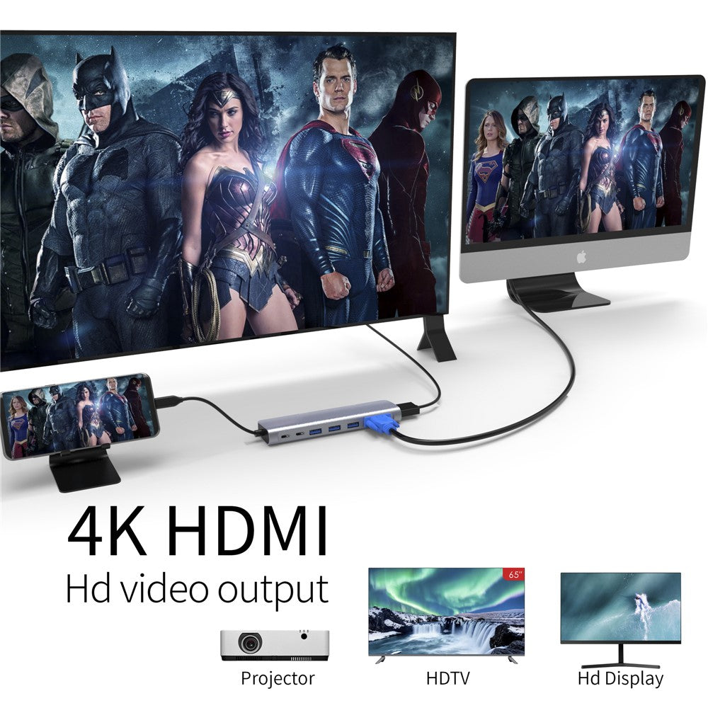 YSTC9048 9 in 1 Multi-port USB C Hub Portable High-speed Data Sync Converter USB C to USB3.0 TF SD Adapter Support HDMI  VGA