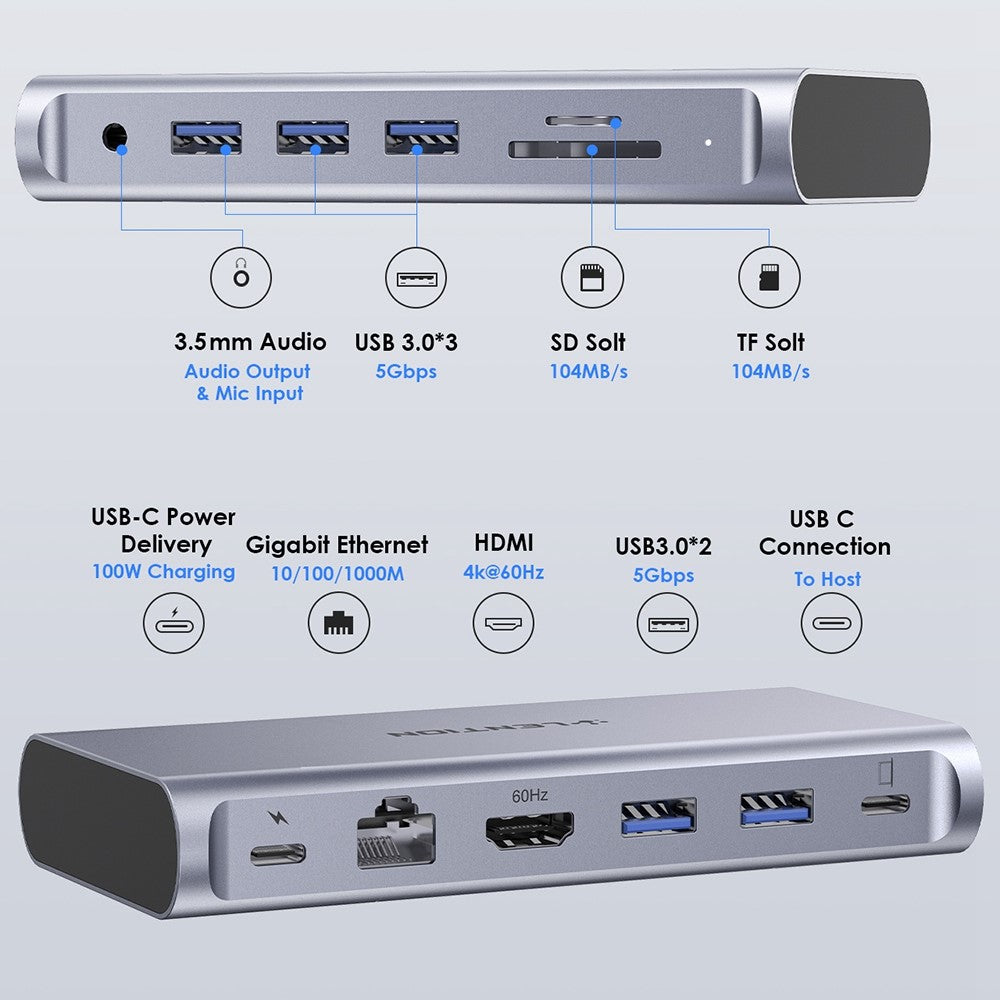 LENTION D54HEACR Multi-Port Docking Station Portable Mini USB Hub Type-C to 5 USB3.0+HD(4K/60Hz)+RJ45 +Memory&TF +3.5mm Audio+PD3.0 with USB-C to USB-C PD 100W Data Cable