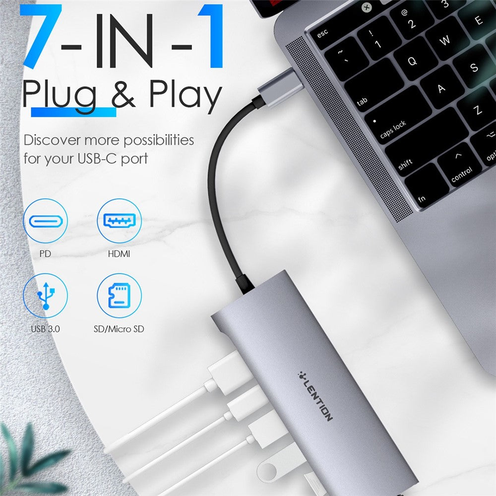 LENTION C36bHCR Type-C Hub Converter to USB 3.0 Ports HD Video Output Port Card Reader Slots PD3.0 100W Charging
