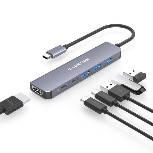 LENTION CE35sH Cloud Ala Series 6-in-1 USB-C Hub Adapter USB-C to 3 USB3.0 + HD 4K / 30Hz  + PD3.0 + USB-C Docking Station
