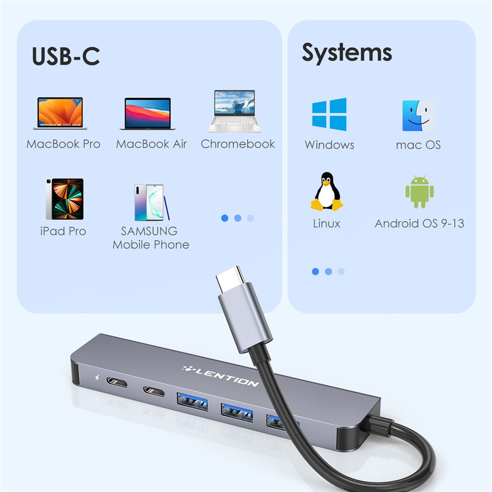 LENTION CE35sH Cloud Ala Series 6-in-1 USB-C Hub Adapter USB-C to 3 USB3.0 + HD 4K / 30Hz  + PD3.0 + USB-C Docking Station