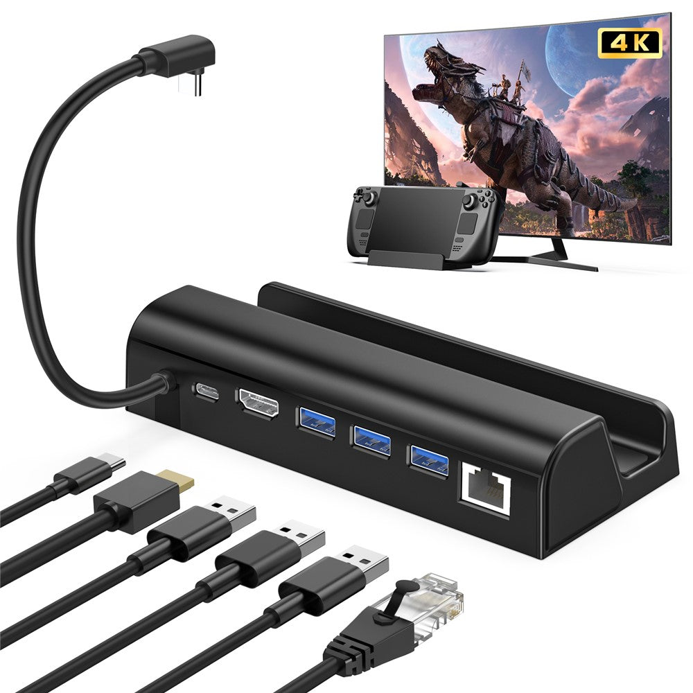 6 in 1 Docking Station for Steam Deck Dock HD 4K / 60Hz, Gigabit Ethernet, 3 USB3.0, USB-C Port Portable Hub with Stand