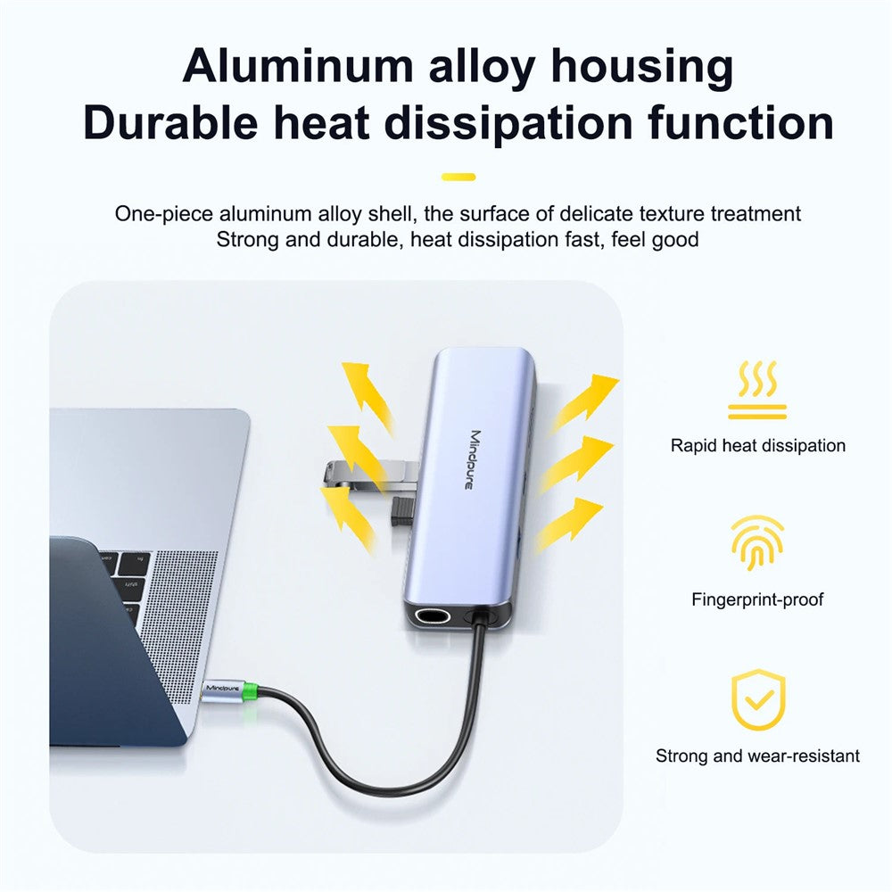 MINDPURE HU010 8-in-1 USB-C Hub Aluminum Alloy Laptop Docking Station, USB3.0x3+HD+PD+SD+TF+RJ45
