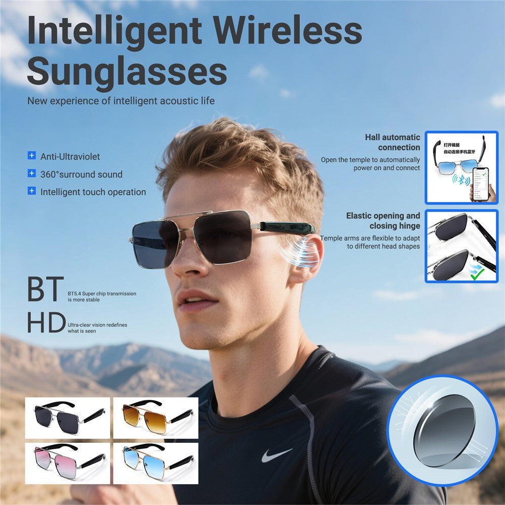 GT30 Smart Audio Glasses Hall Automatic Switch Metal Spring Hinge Stainless Steel Frame Sunglasses